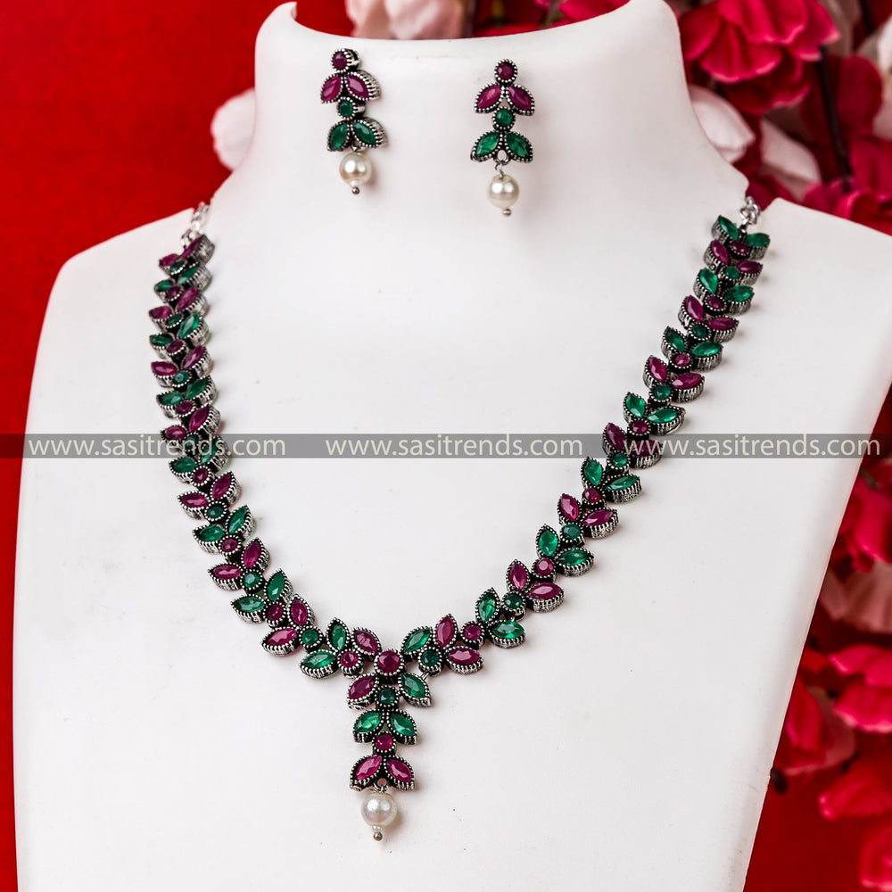 "Ruby and Green Stone Necklace Set with Floral Motif | Party Wear Oxidized German SilverJewelry