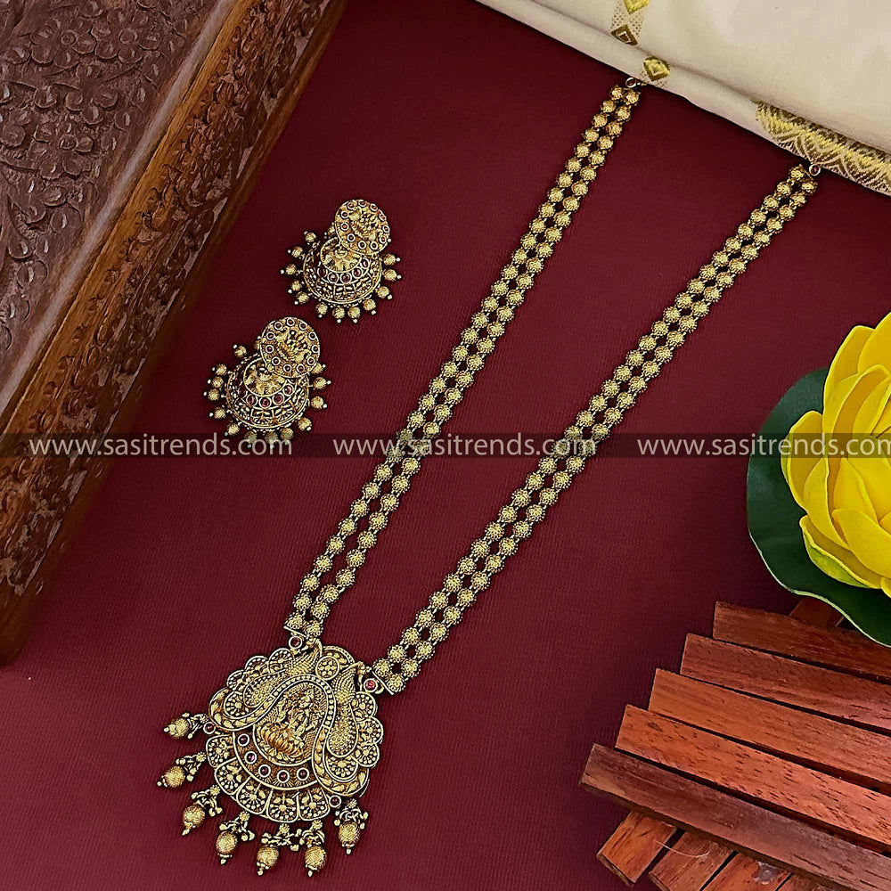 Temple Gold Tone Bridal Long Necklace Set with Jhumkas - Rich Ruby Red Stones - Traditional Brass Jewellery Set