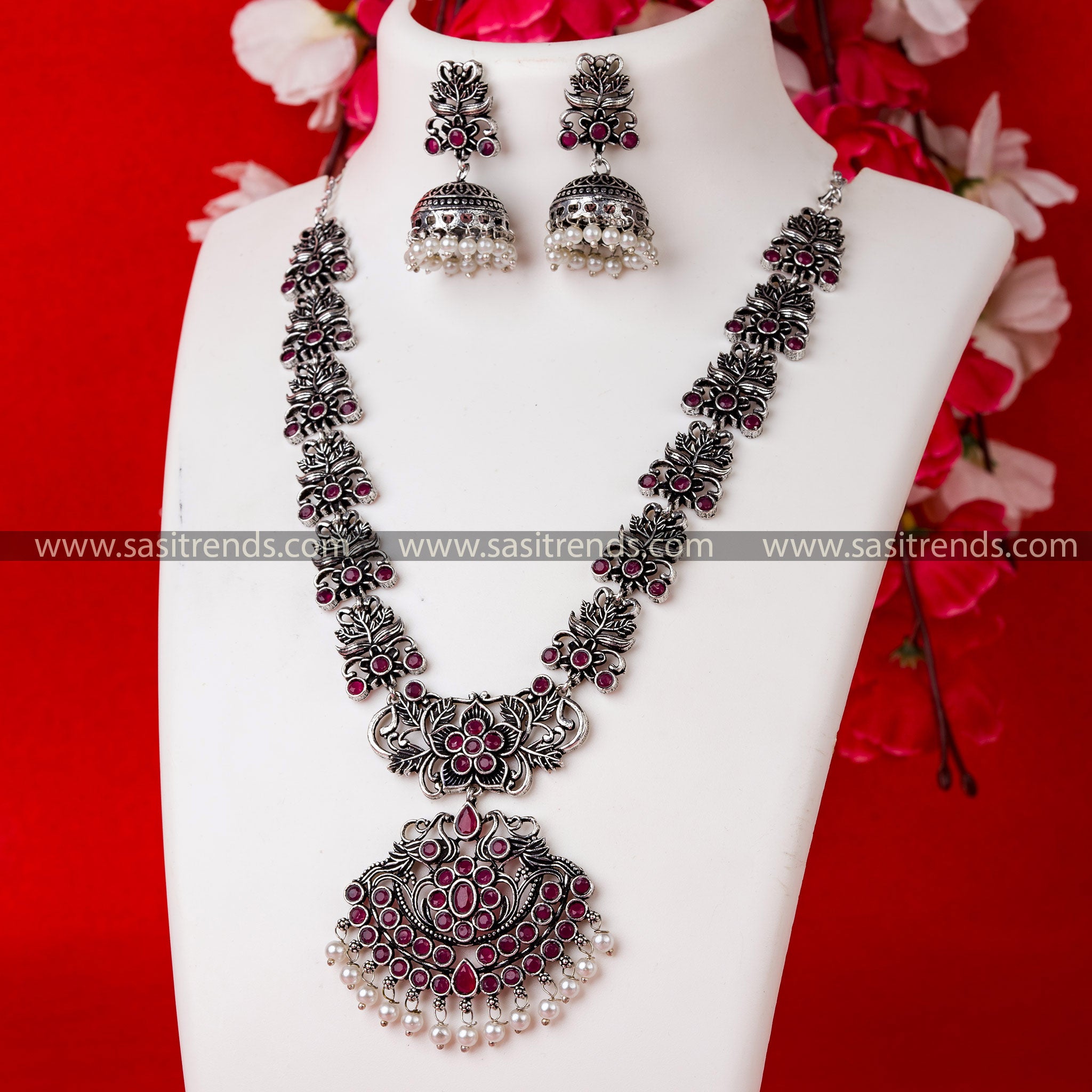 Stunning Floral Pendant Necklace Set with Ruby Stones - Party Wear Oxidised German Silver and Pearl Jhumkas