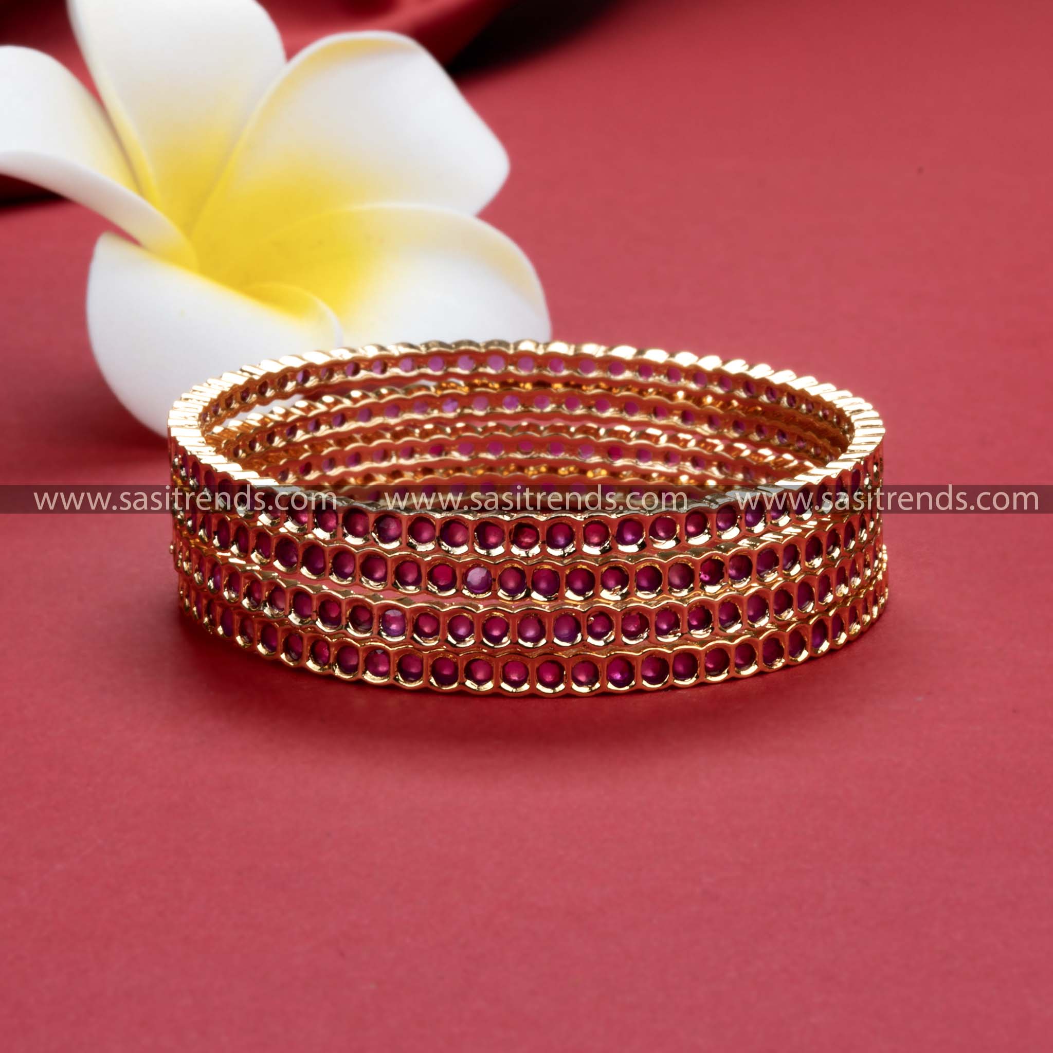 Micro Gold Plated Floral Ruby AD Bangles - Traditional Jewelry for Women