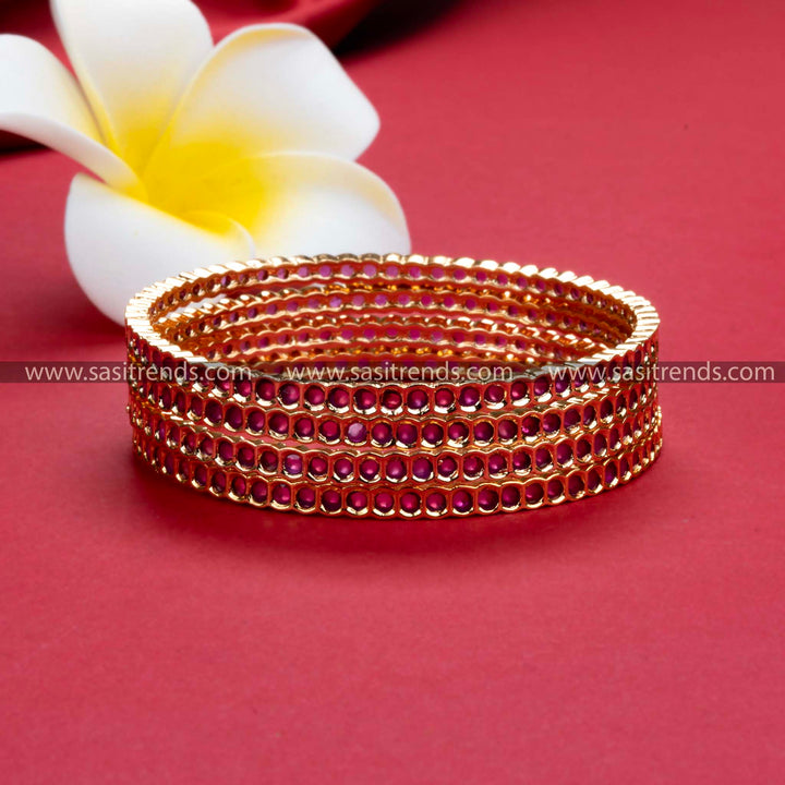 Micro Gold Plated Floral Ruby AD Bangles - Traditional Jewelry for Women