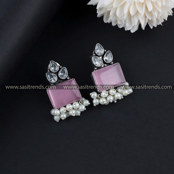 Captivating Oxidised German Silver AD Stones And Monalisa Pearl Earrings | Sasitrends