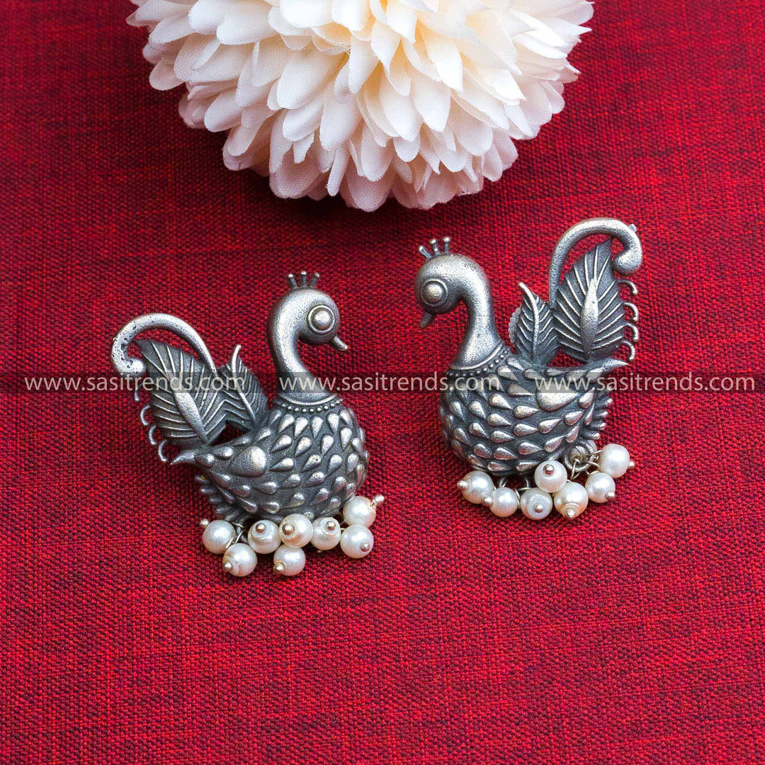 Latest Oxidized Silver Look Like Peacock Earrings with Pearls