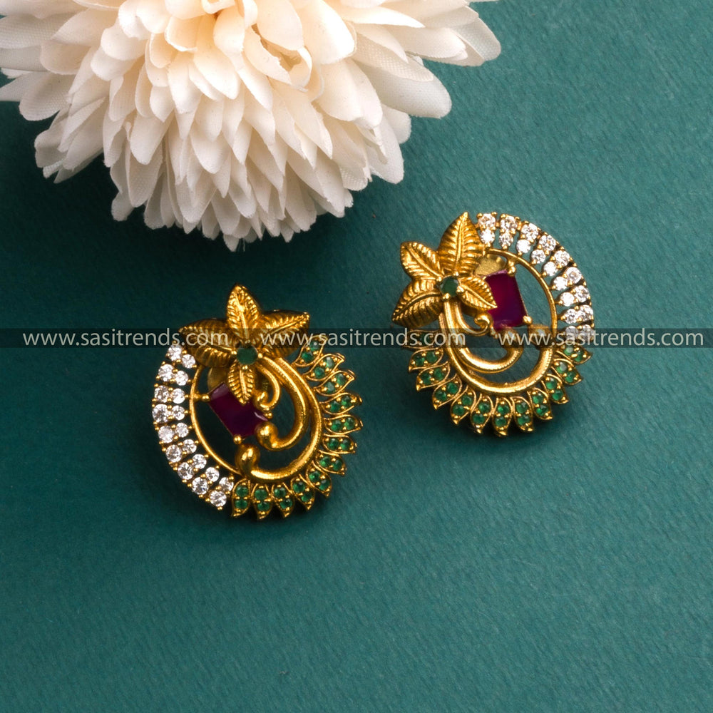 Latest Ruby-Green Stone Floral Earrings - Trendy Traditional Temple Gold Tone Collection