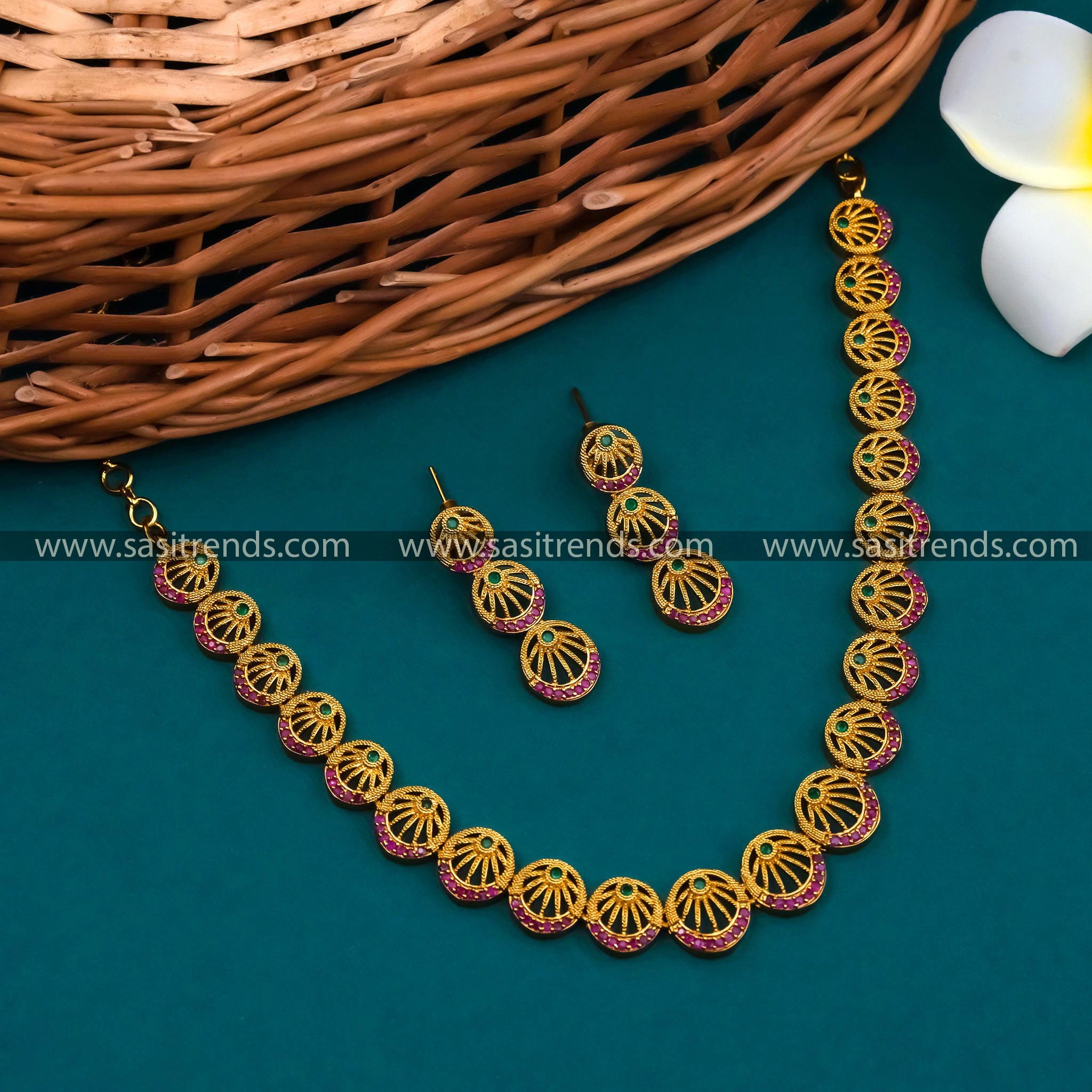 Elegant Temple Gold Plated Necklace Set with Striking Ruby Green Color AD Stones