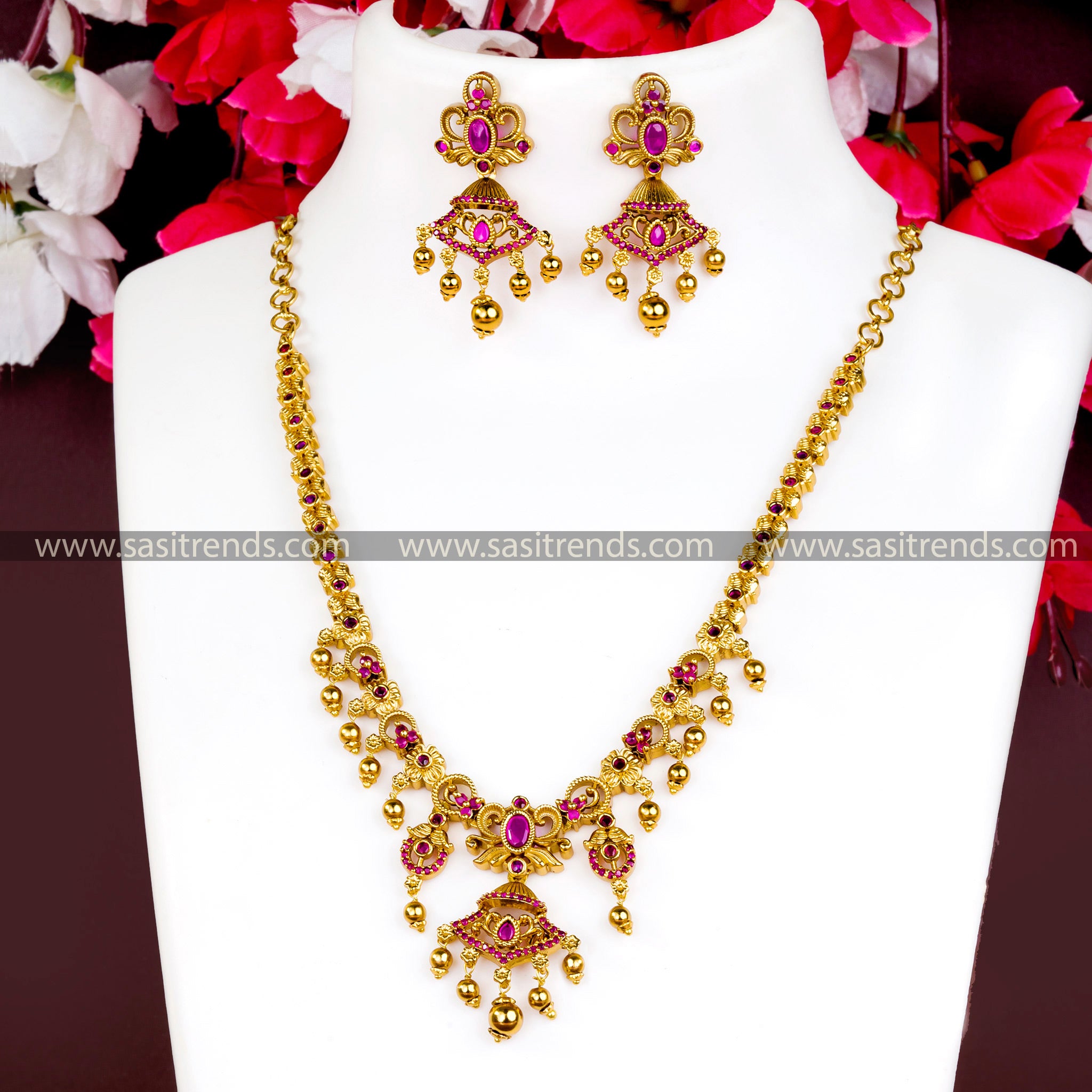 Latest Temple Gold Plated Bead Necklace with  Ruby AD Stones