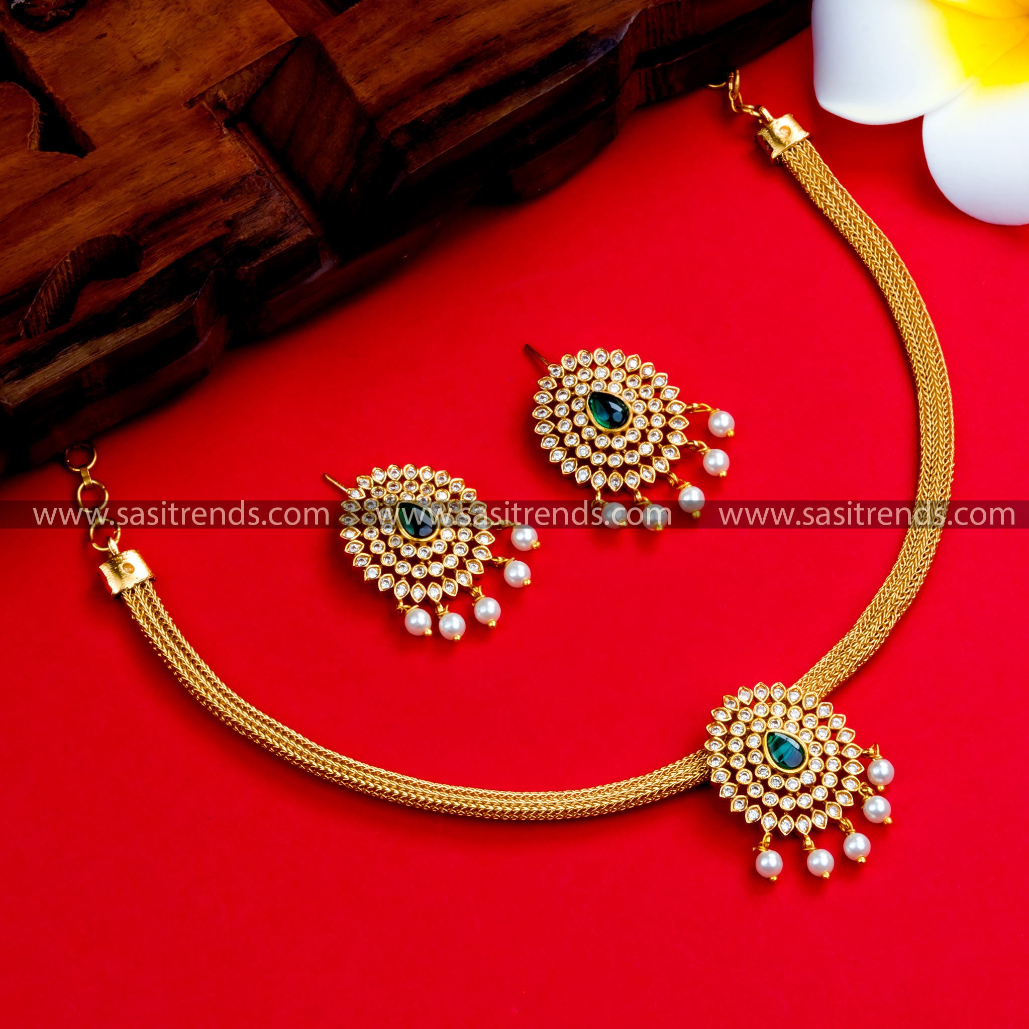 Temple Gold Plated Floral Addigai Choker Necklace Set for Festive Traditional Wear - Sasitrends