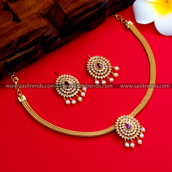 Temple Gold Plated Floral Addigai Choker Necklace Set for Festive Traditional Wear - Sasitrends