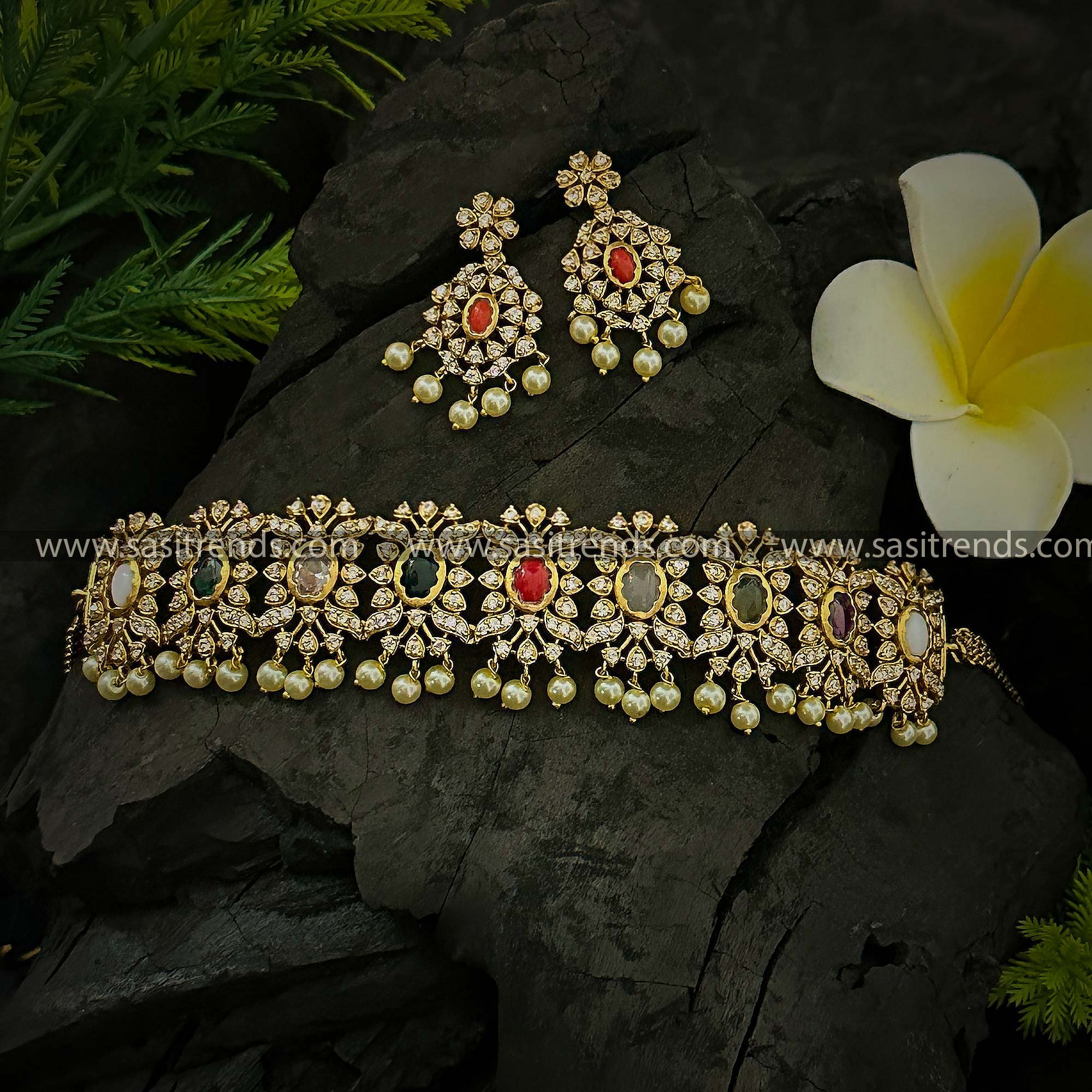 Temple Gold Finish Floral Choker Necklace Set with Full Multi AD Color Stones