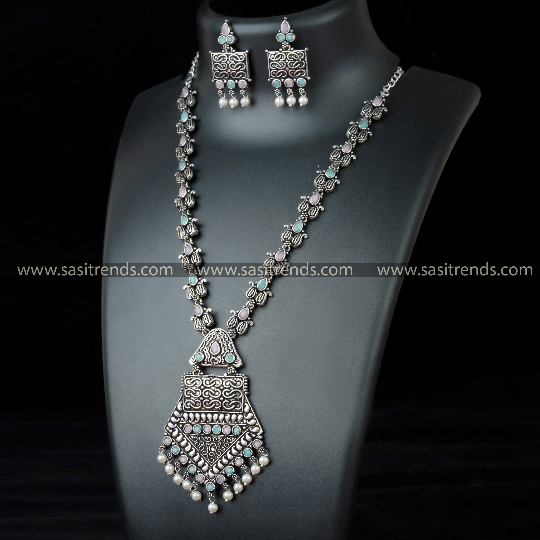 Unique Tribal Pendant Necklace Set with Pink-Mint Stones and Pearl Drops - Versatile Party Wear Oxidised German Silver Jewelry