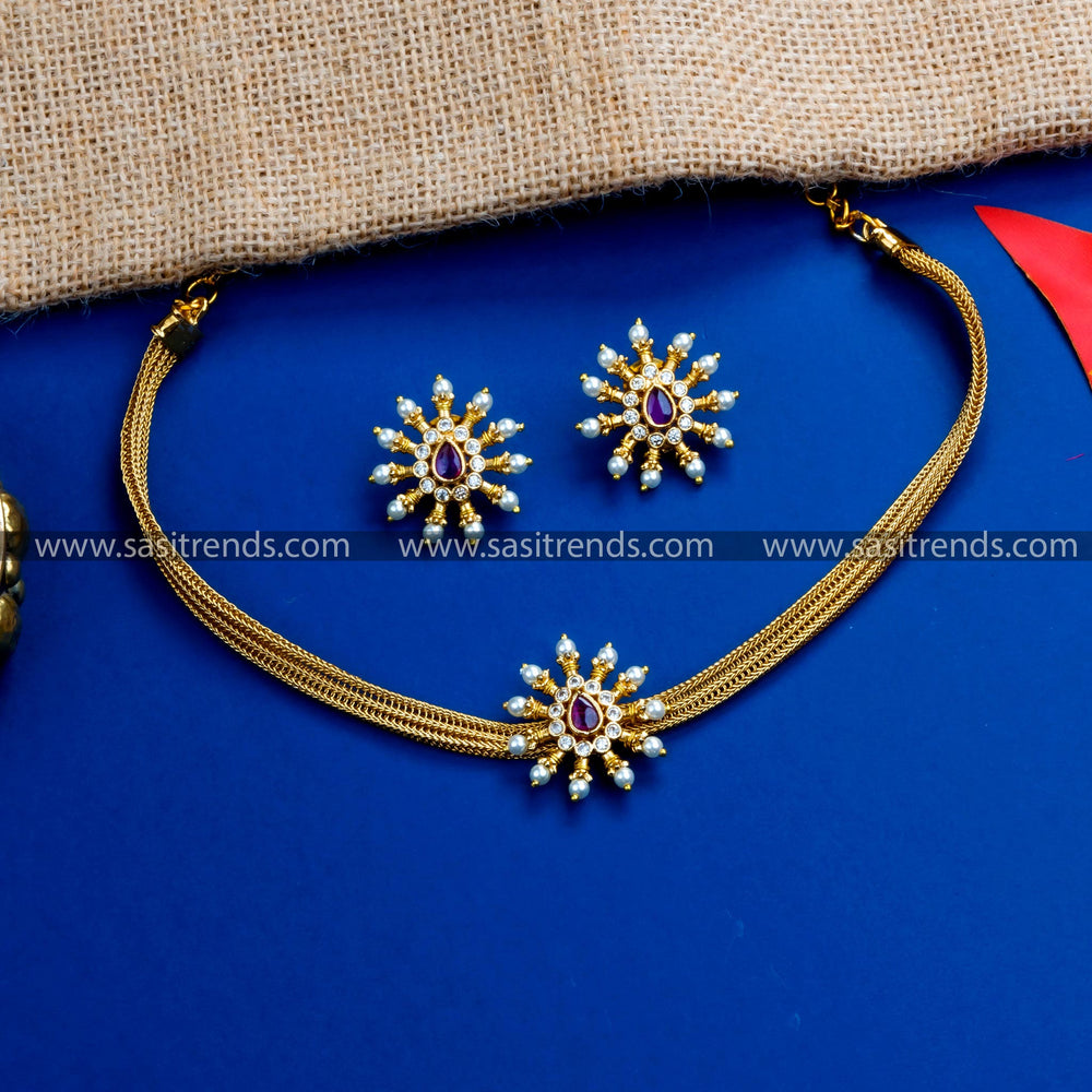 Matte Gold Plated Floral Motif Choker Necklace Set with White-Ruby AD Stones - Traditional Wear Jewelry