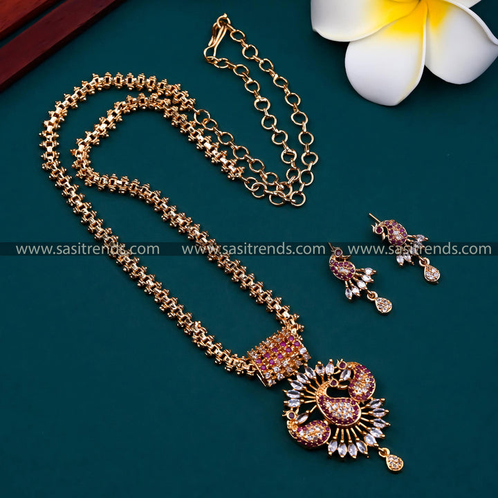 Stunning Long Gajiri Chain with Peacock Pendant - Traditional Ethnic Necklace with Micro Gold Plating and American Diamond Stones