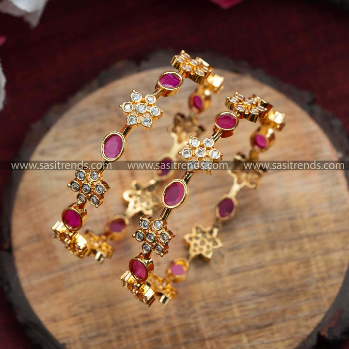 Micro Gold Plated AD Bangles with Ruby AD Stones and Floral Patterns