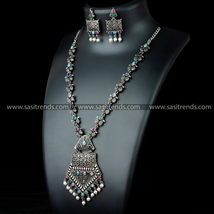 Unique Tribal Pendant Necklace Set with Multicolored Stones and Pearl Drops - Versatile Party Wear Oxidised German Silver Jewelry