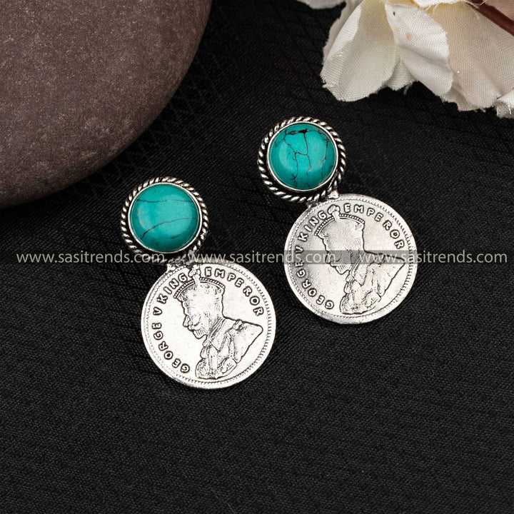 Turquoise Monalisa stone on George V Emperor coin drop earrings