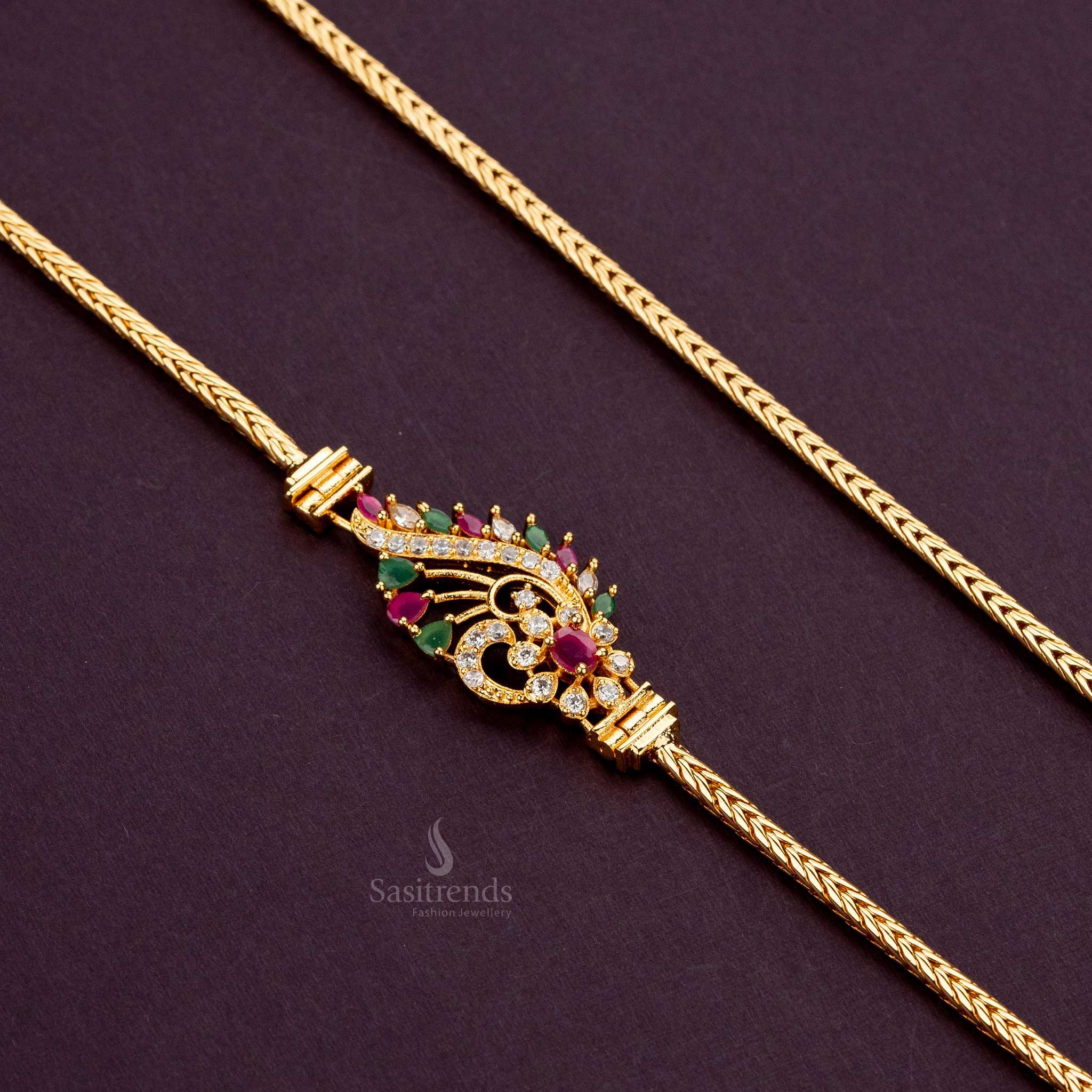 Vibrant multi-colored AD stone mugappu chain with floral motifs, micro gold plated for festive wear - Sasitrends