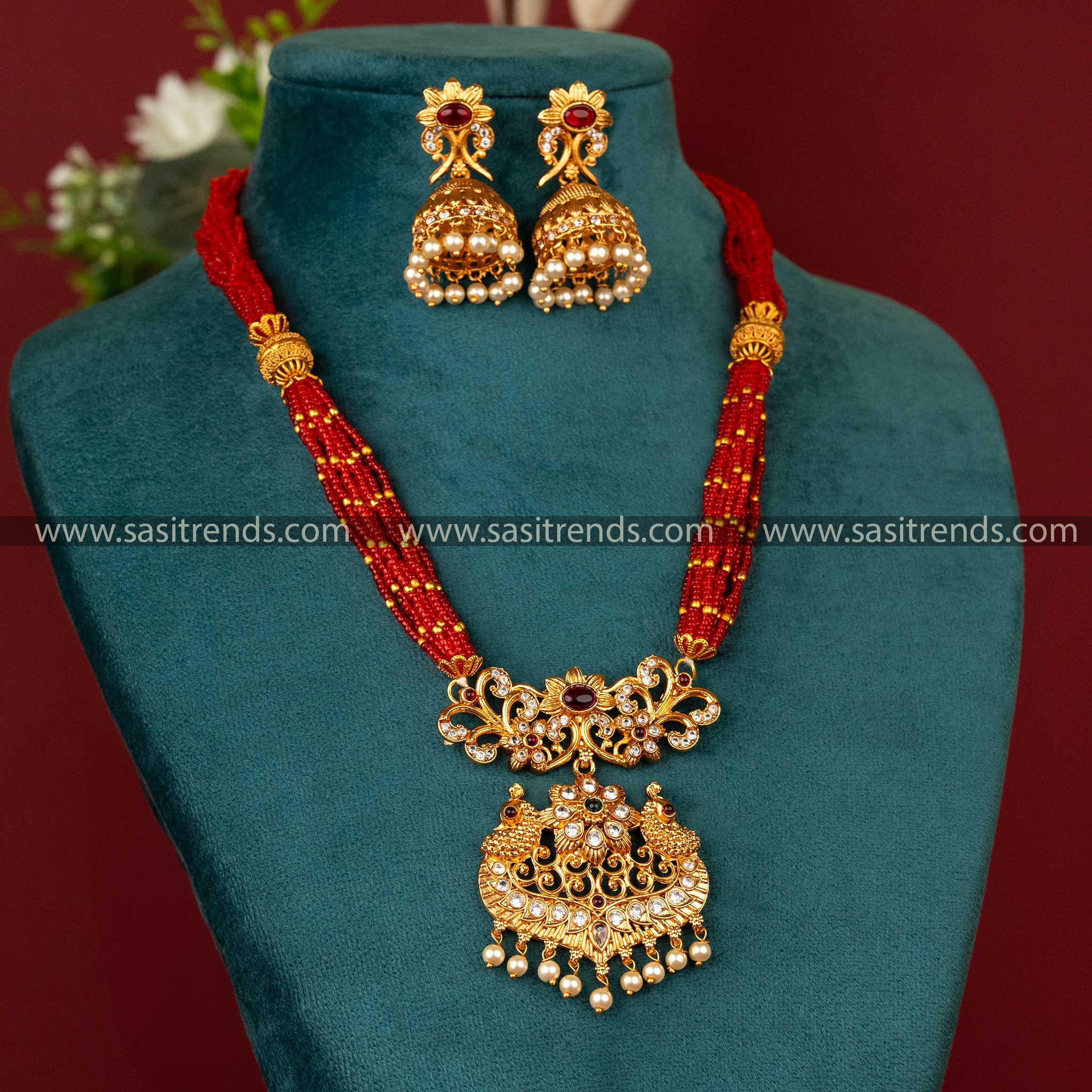 Sasitrends | Classic Matte Gold-Plated Beaded Jewellery Set with Multi-Color Stone Peacock Pendant - Sasitrends