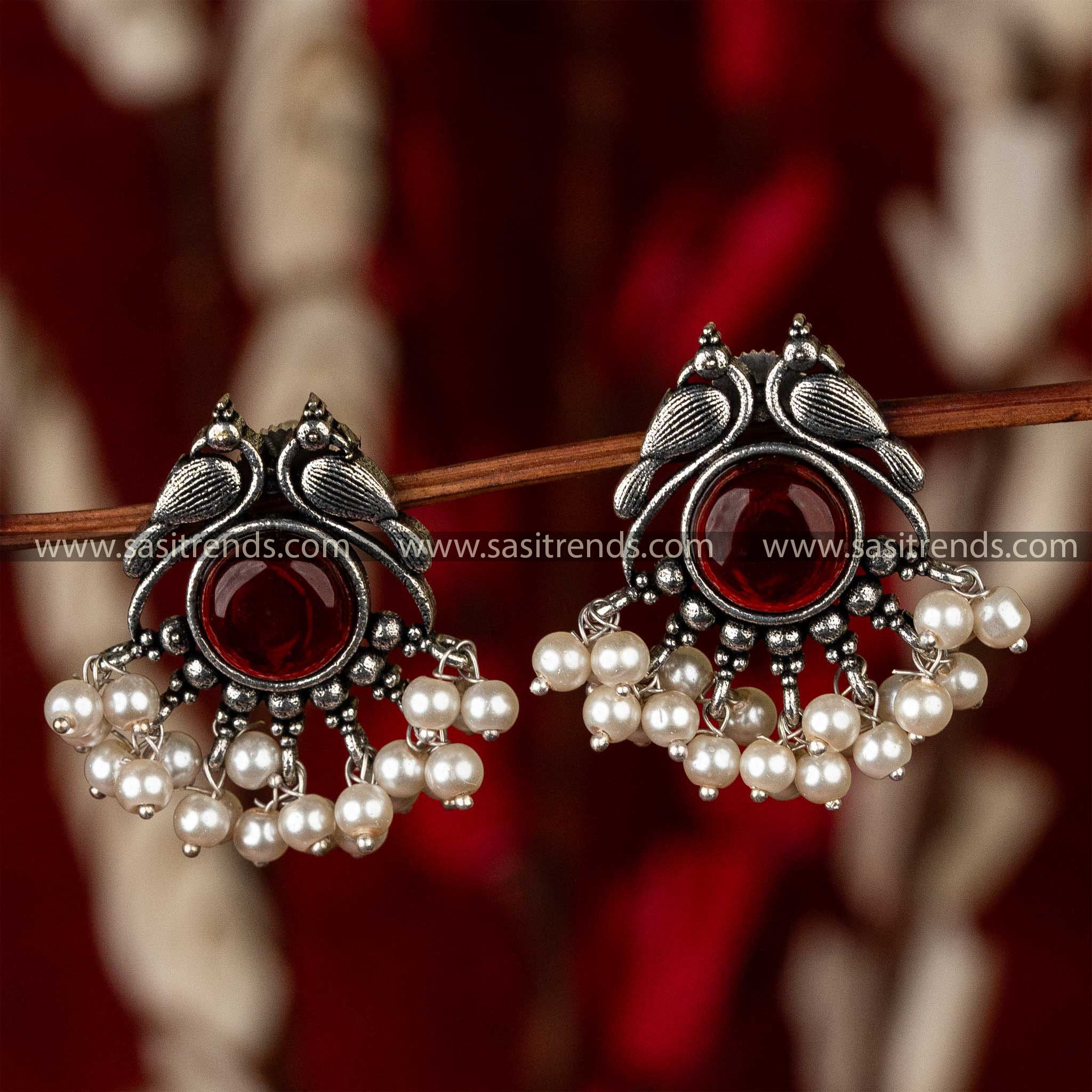 Vinous Monalisa stone inlaid in oxidised silver peacock earrings with pearl adornments