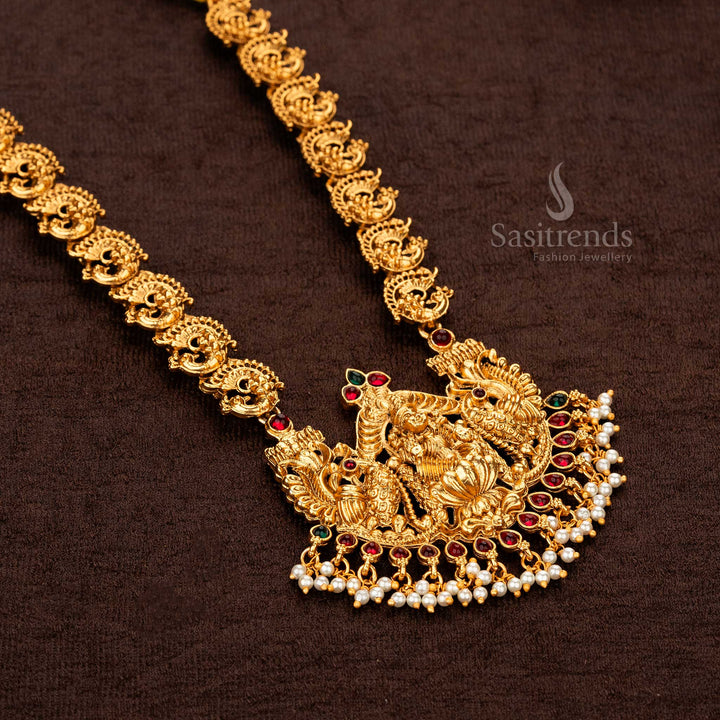 Classic Wedding Wear Temple Gold Plated Peacock Lakshmi Pendant Necklace Set - Sasitrends