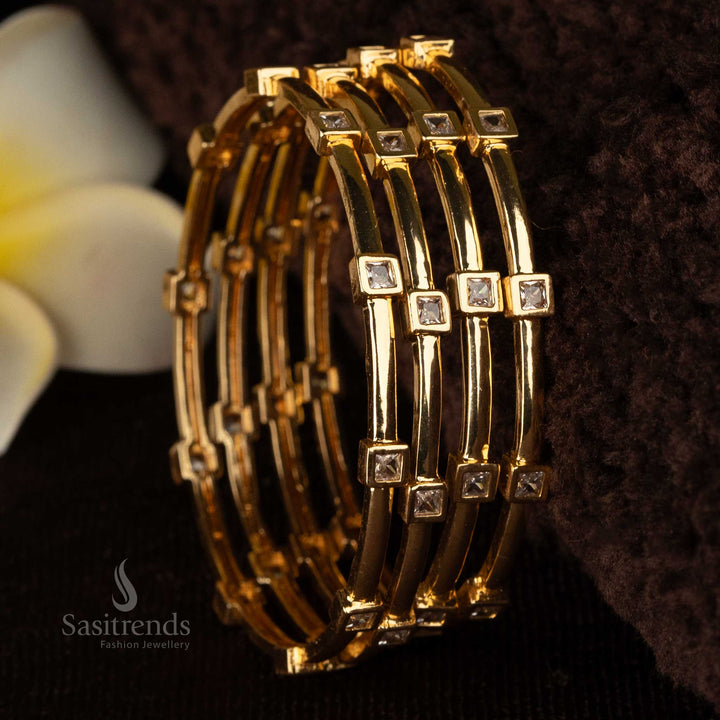 Sasitrends - Divine Real Gold Look One Gram Micro Gold Plated Bangles with Square American Diamond  Stones in Ruby, Green, and White