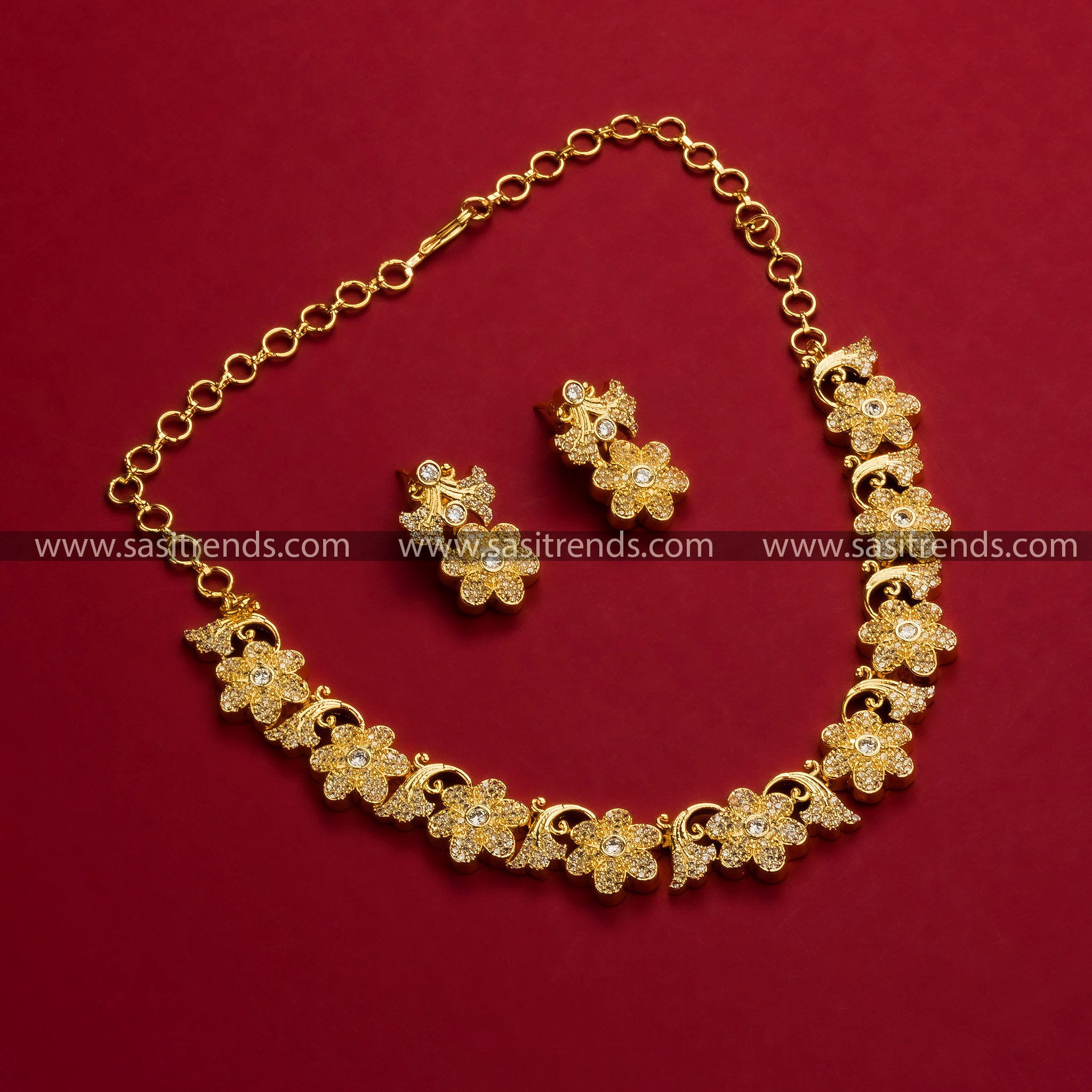 Exquisite Micro Gold Plated Floral Leaf Necklace with White-Color AD Stones. Latest Traditional Jewelry, Ideal for Parties