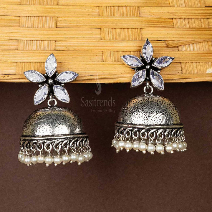 White-floral-top-jhumka-earrings-with-pearl-hanging