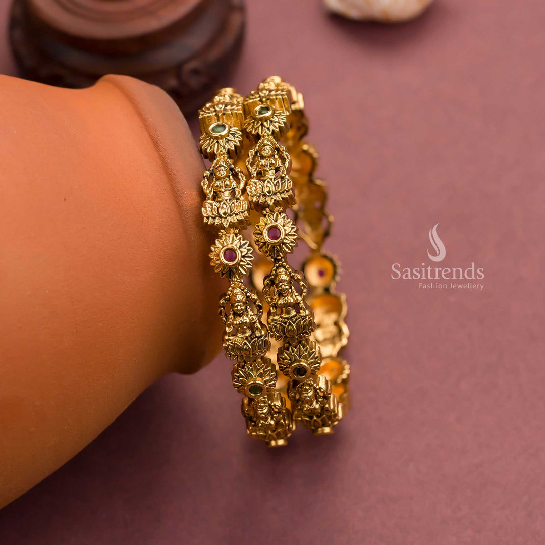 Goddess Lakshmi Temple Gold Plated Bangles with Red & Green Stones - Traditional Jewelry - Sasitrends