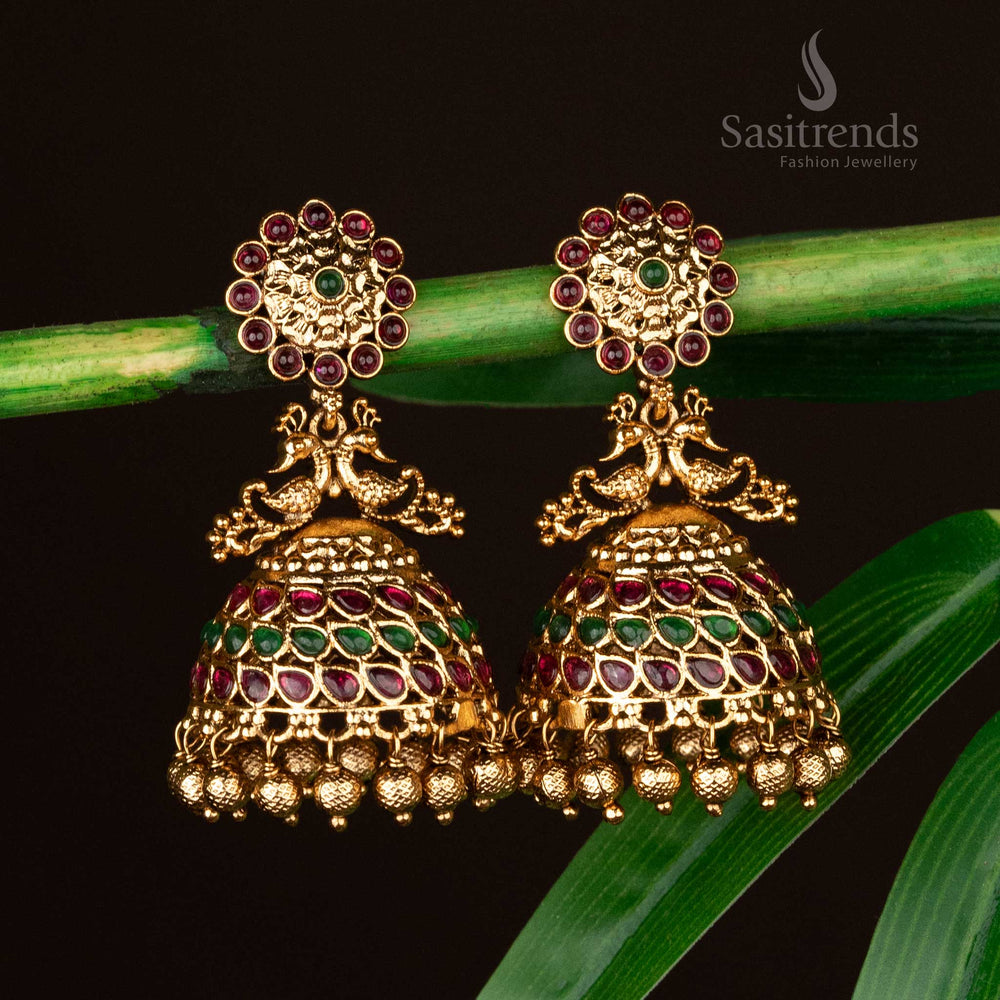 Matte gold bridal earrings with ruby-green stones and peacock design - Sasitrends