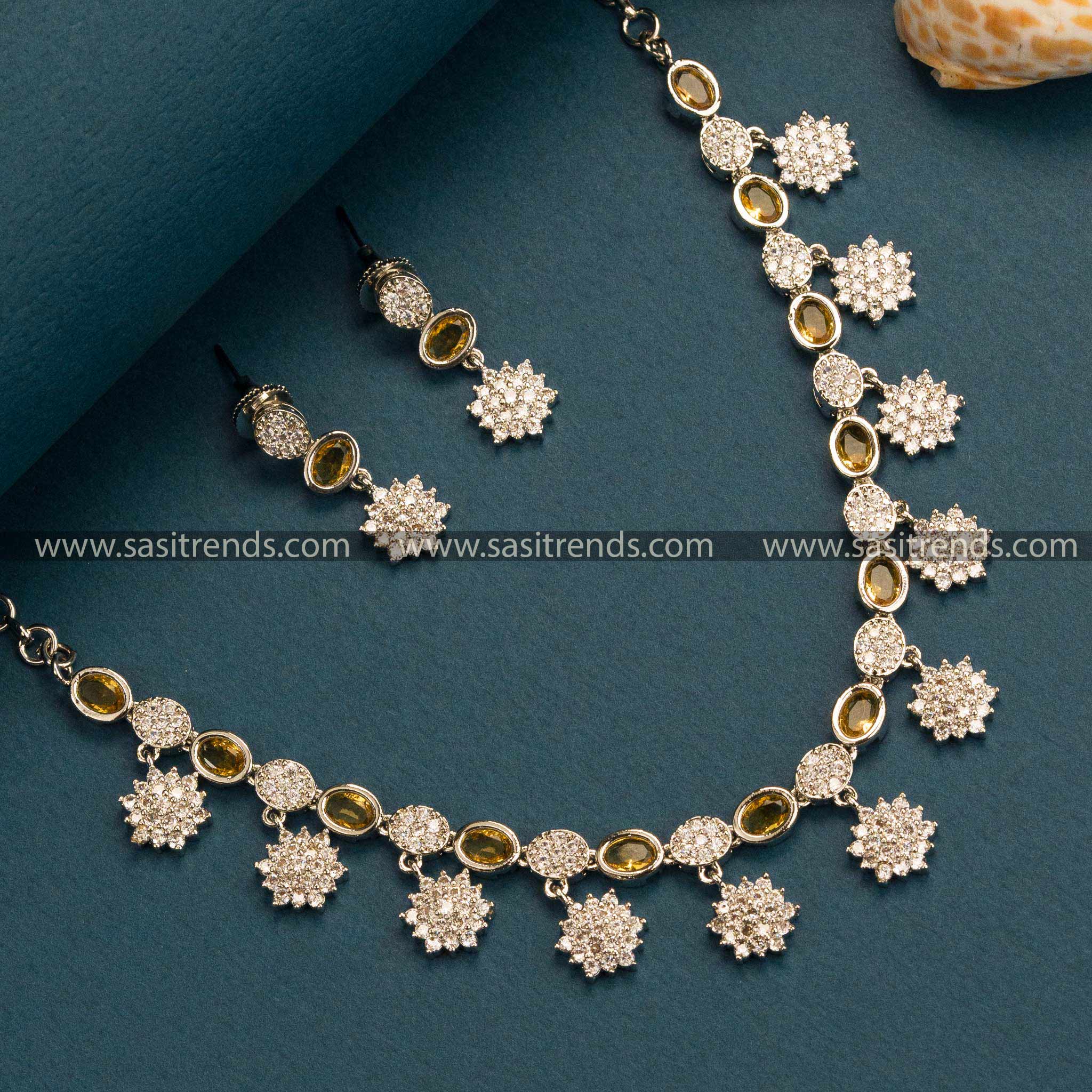 Vibrant Yellow Floral Necklace Set with American Diamond Stones - Rhodium Silver Plated Trendy Party Wear Jewelry Online Shopping