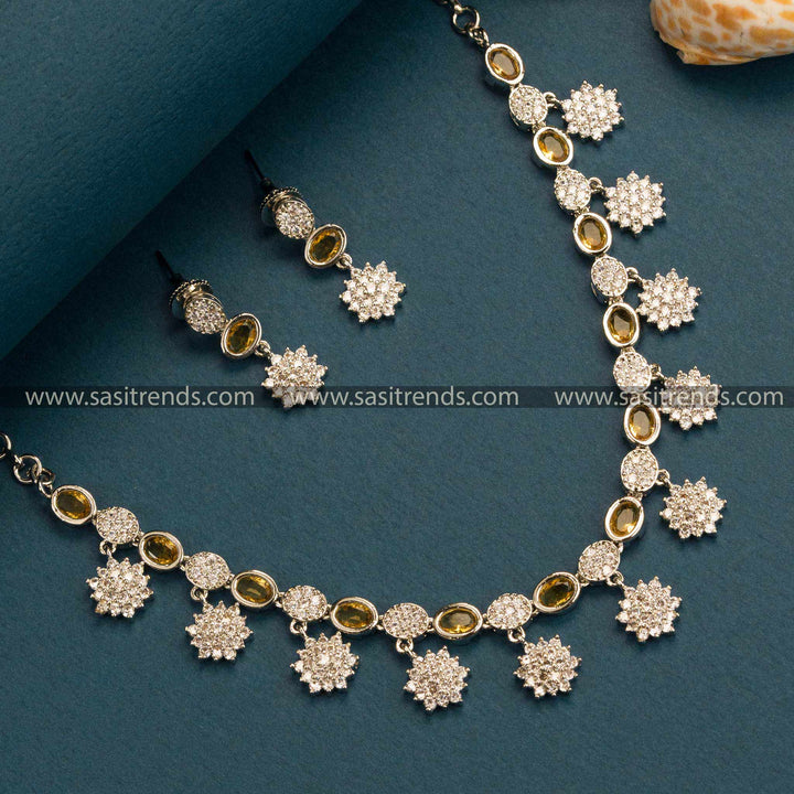 Vibrant Yellow Floral Necklace Set with American Diamond Stones - Rhodium Silver Plated Trendy Party Wear Jewelry Online Shopping