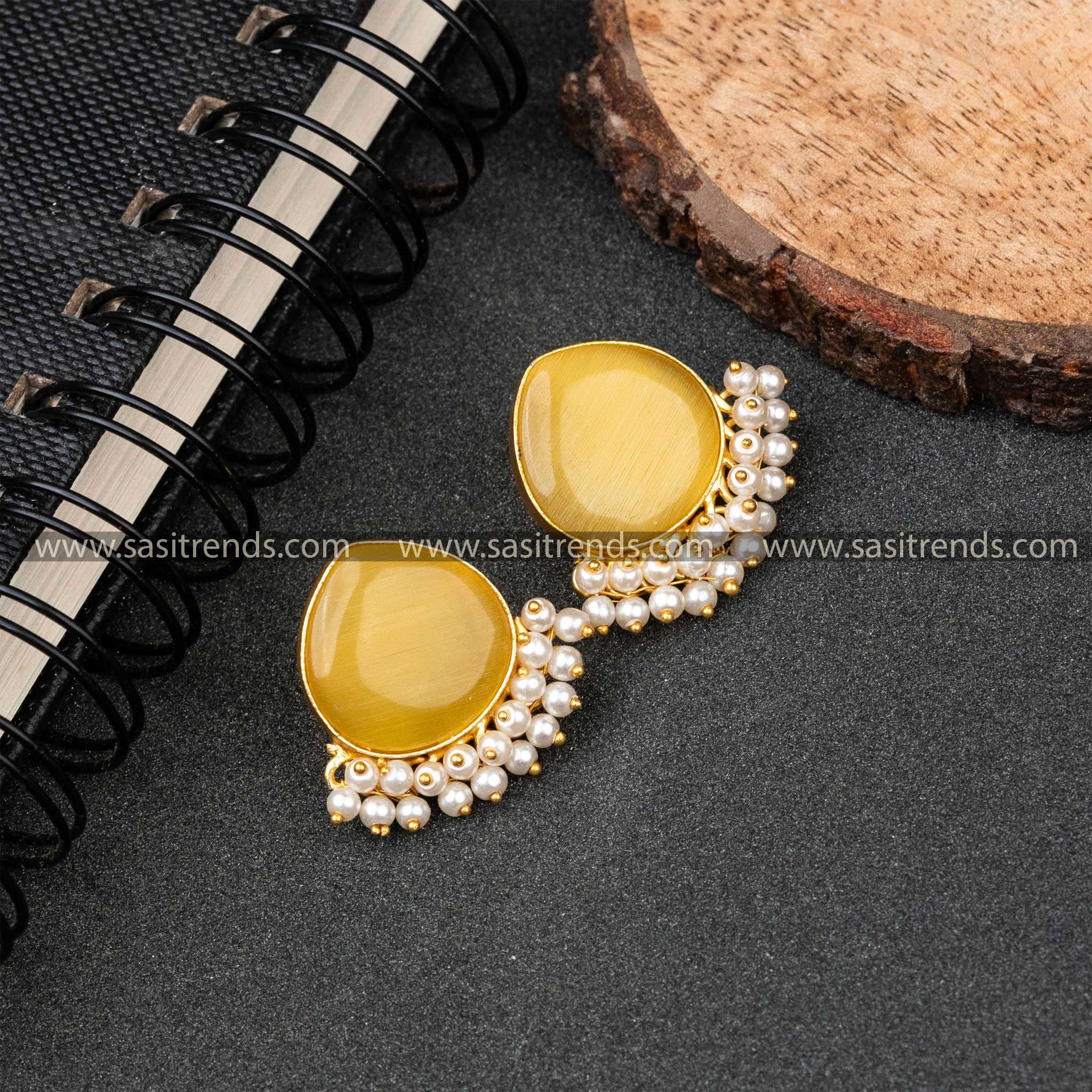 Yellow Gold Plated Pearl Hanging Monalisa Stone Studded Push Back Earrings