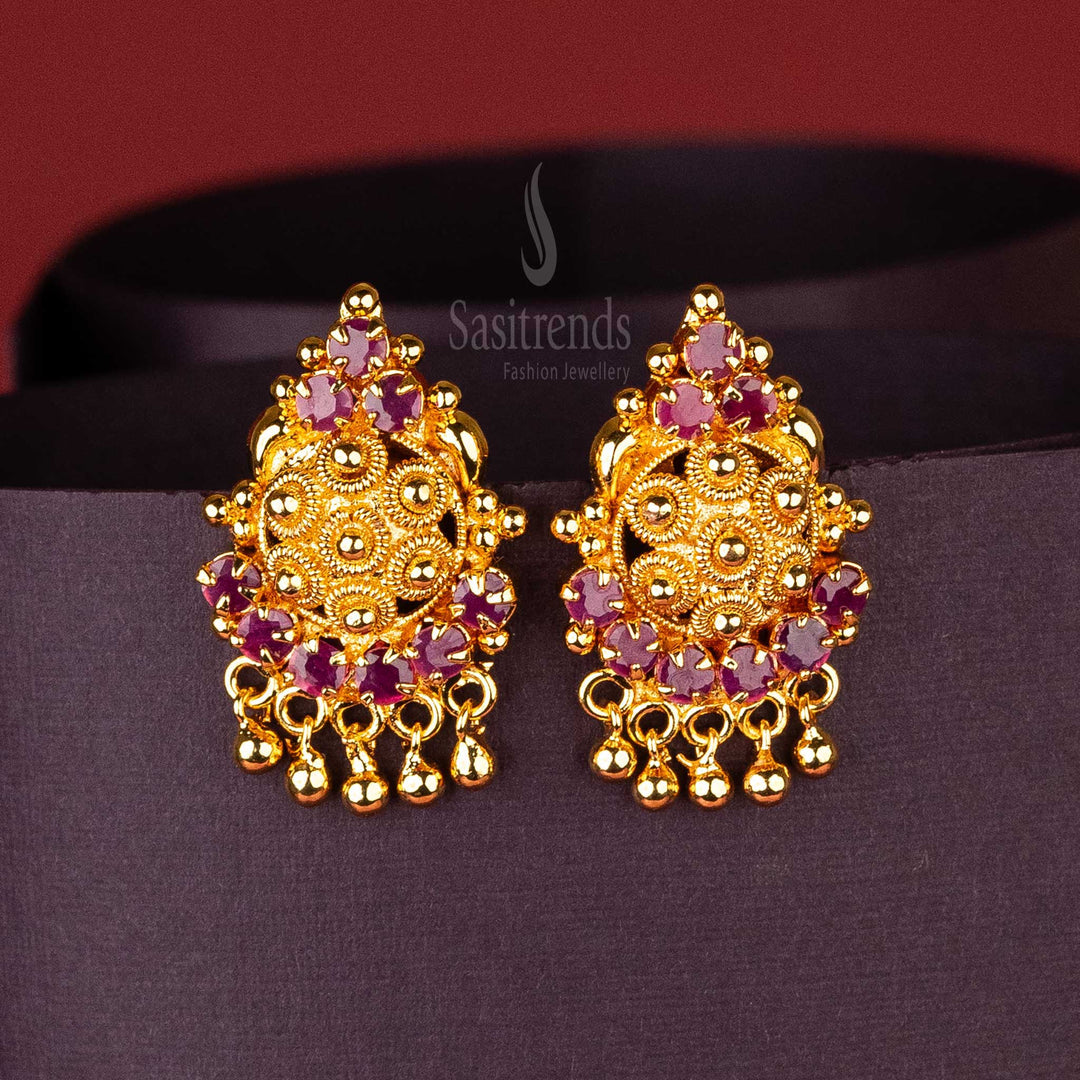 Floral stud earrings with AD stones, ruby color, micro gold plated