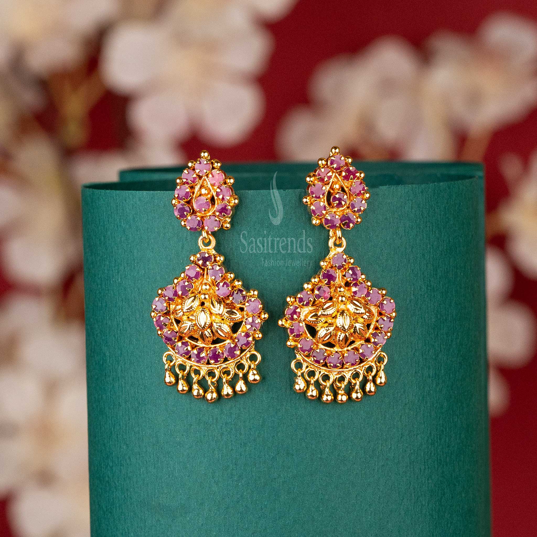 Teardrop AD Stone Earrings with Floral Design in Ruby Color Sasitrends online