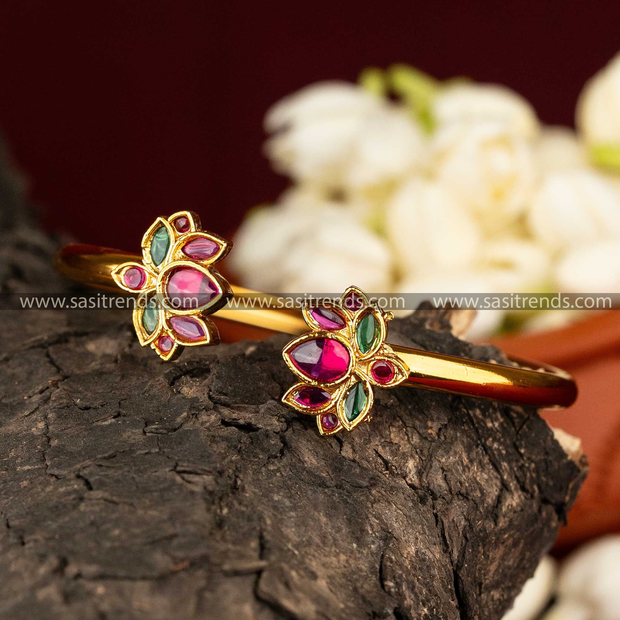 Temple Lotus Motif Bracelet with Enamel and AD Stones