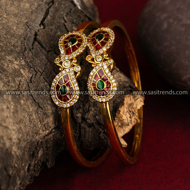 Sasitrends | Traditional Multi Color AD Stones Studded Enamel Temple Double Teardrop Kada Matte Gold Plated Bangles