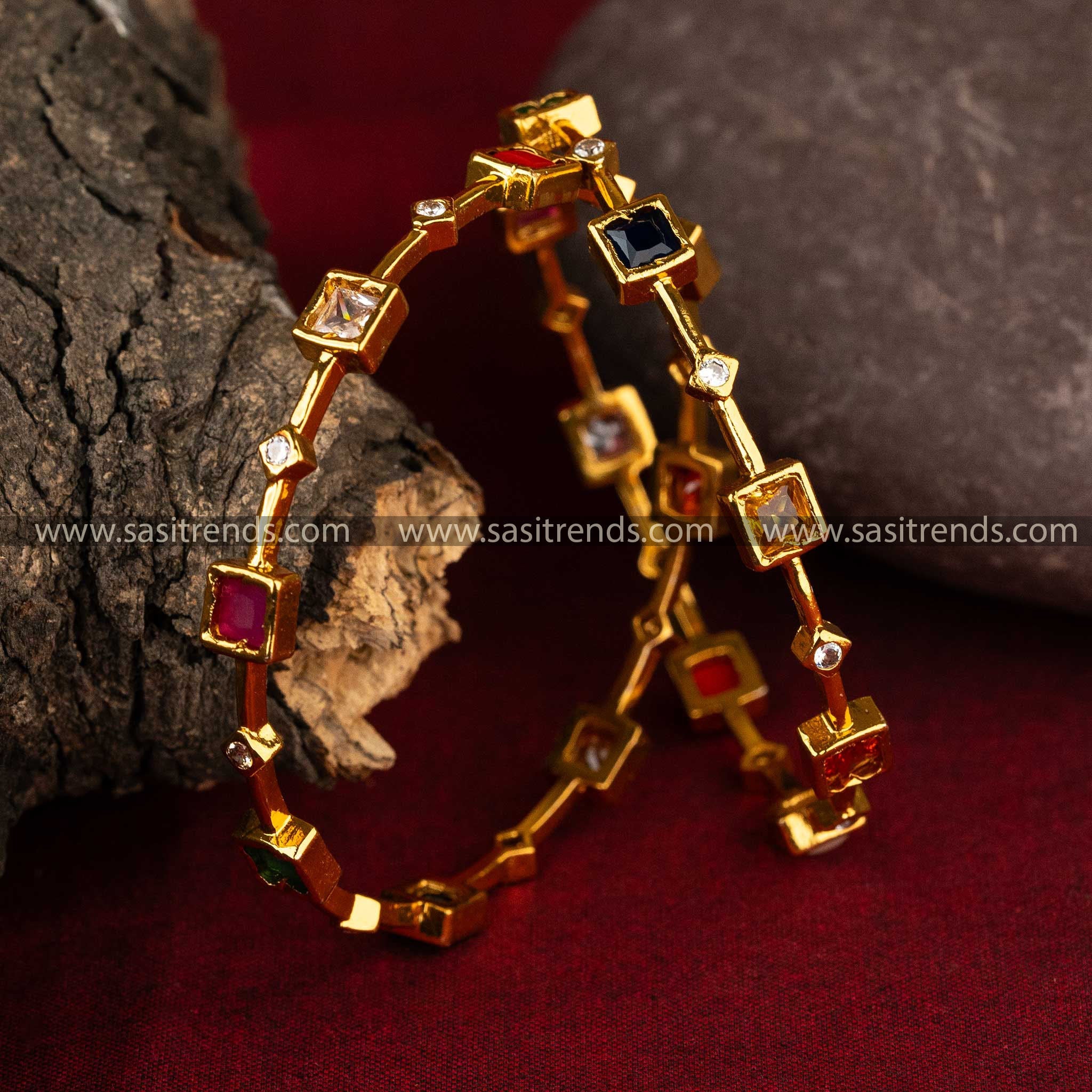 Intricate Multi-Color Gemstone Temple Bangles