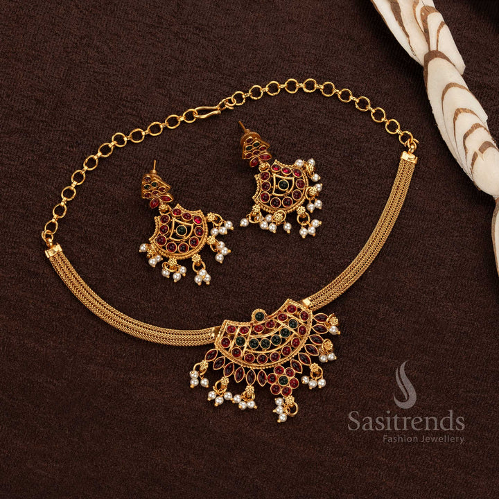 Traditional Classic Matte Gold Plated Temple Necklace Jewellery Set with Floral and Pearl Dangling Motifs - Sasitrends