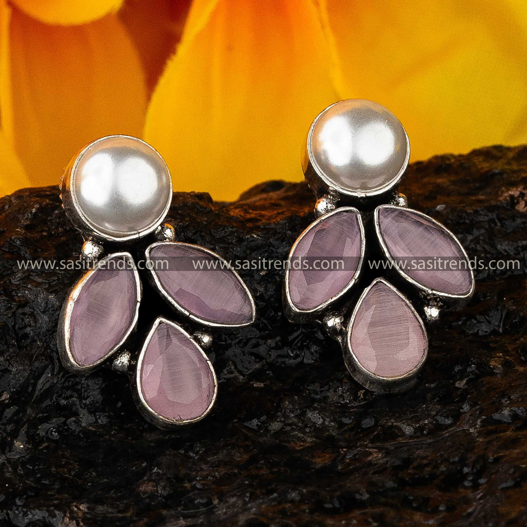 Alluring Pink Marquise Oxidised Earrings - Navarathiri Festival Ready