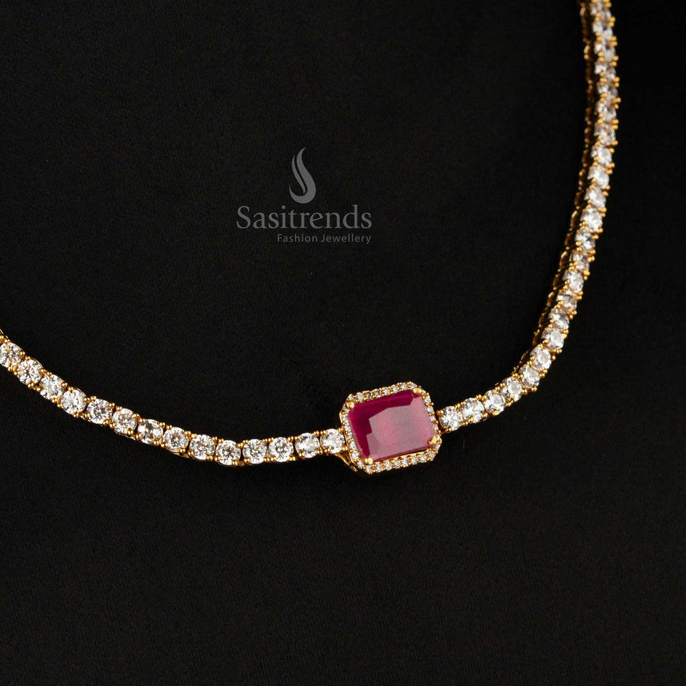 Elegant AD stone necklace set with rectangular changeable center stone and micro-pave detailing - Sasitrends