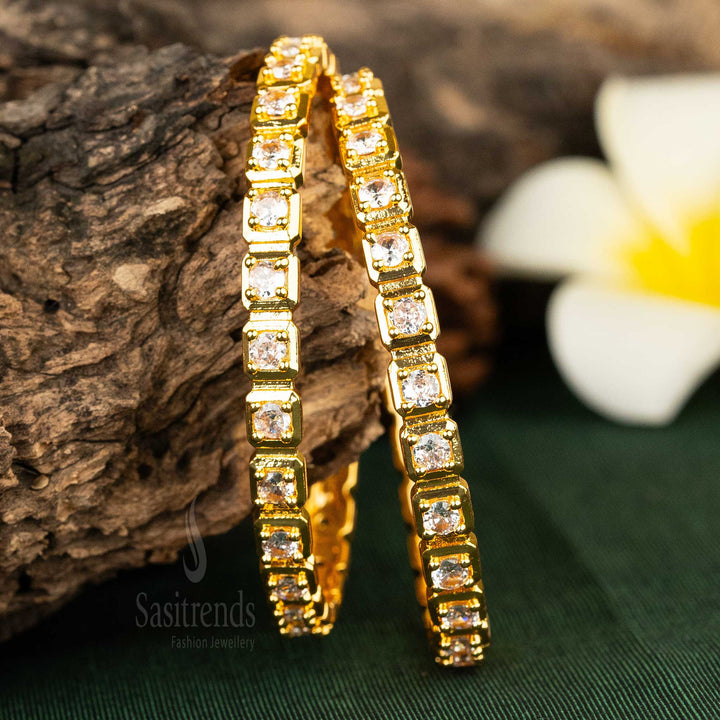 Sasitrends | Elegant Square Motif with Round American Diamond Micro Gold Plated Bangles