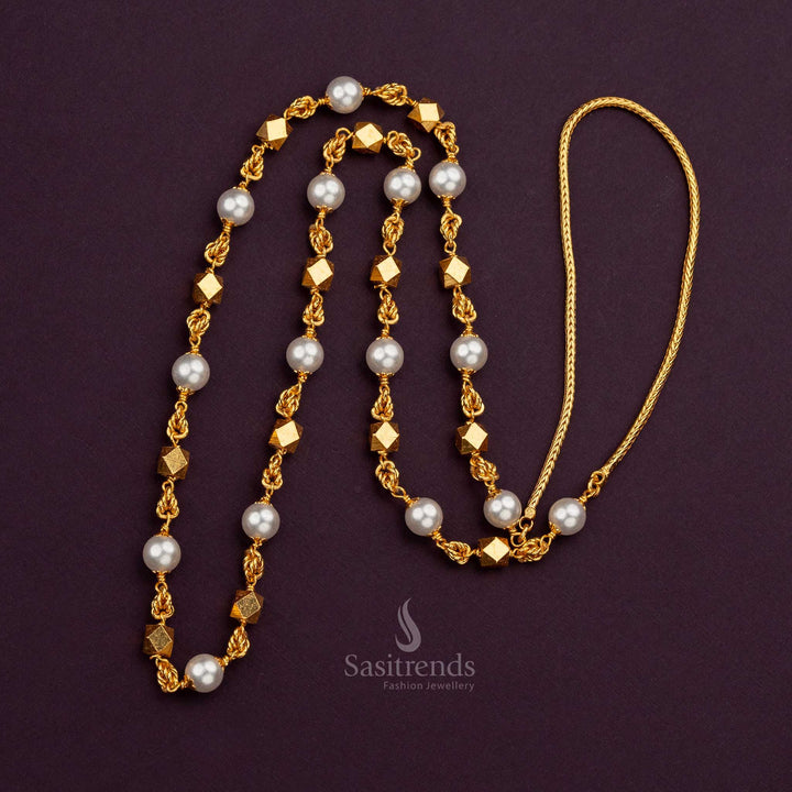 Model wearing the Traditional Micro Gold Plated Pearl Mala Chain with ethnic attire - Sasitrends