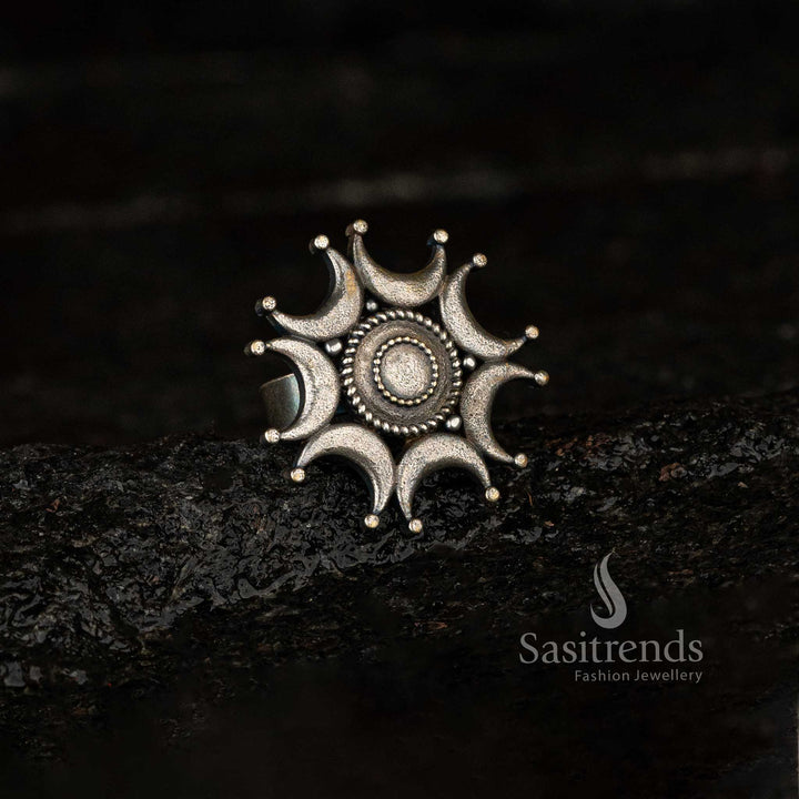 Statement oxidised ring with circular and crescent design for ethnic wear - Sasitrends  