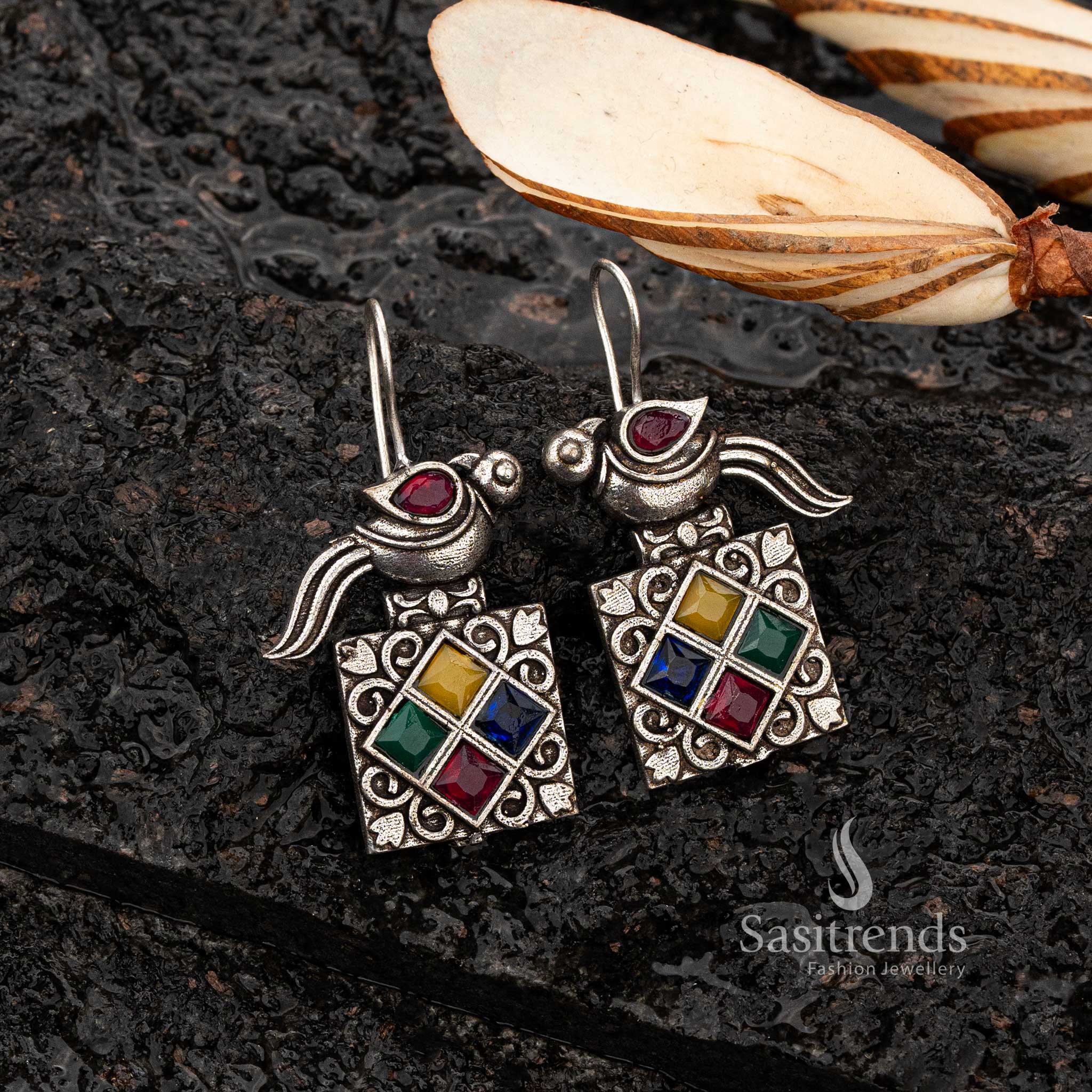 Multi color stone oxidised earrings with a parrot design  - Sasitrends