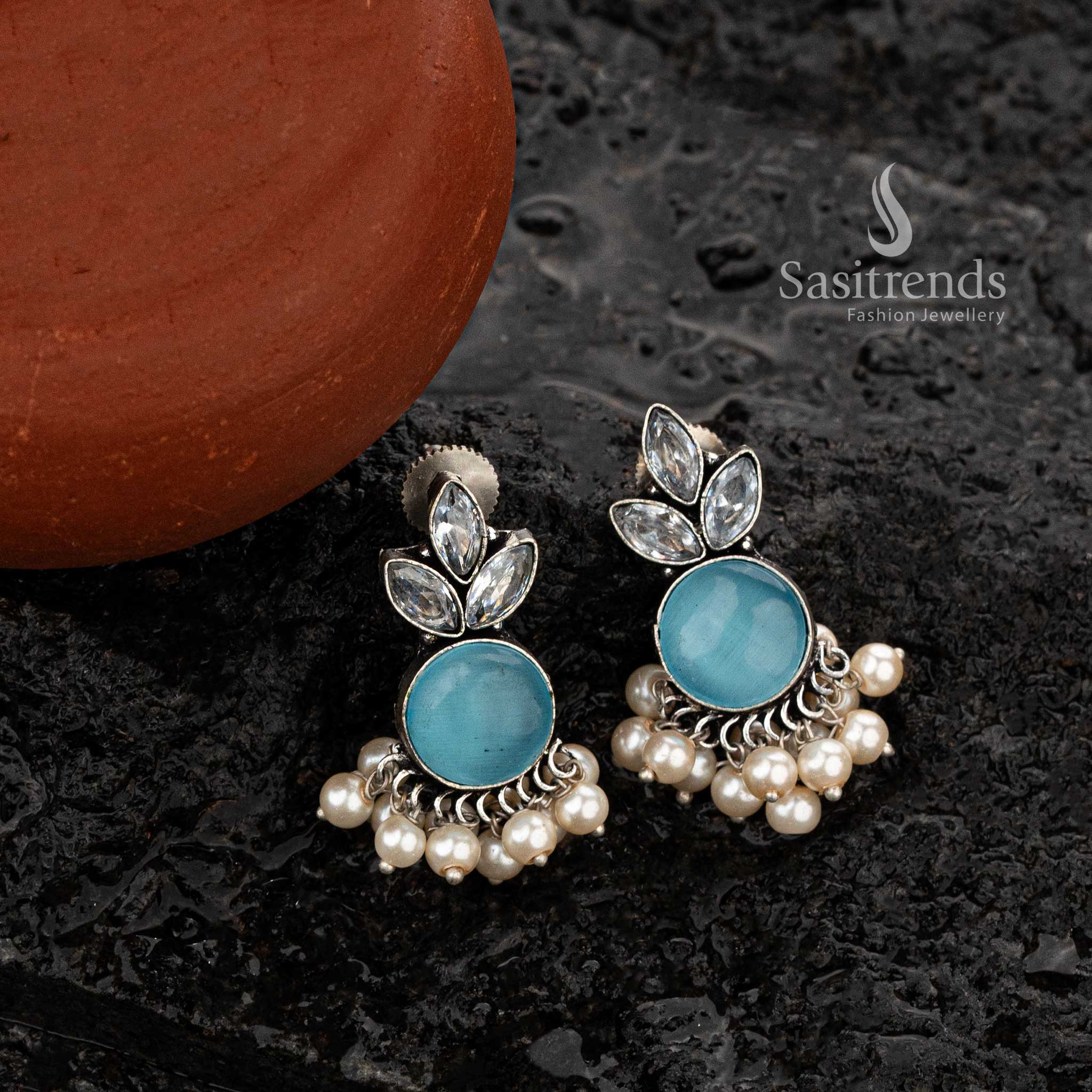 Sky Blue oxidised silver earrings with round gemstone and pearls - Sasitrends