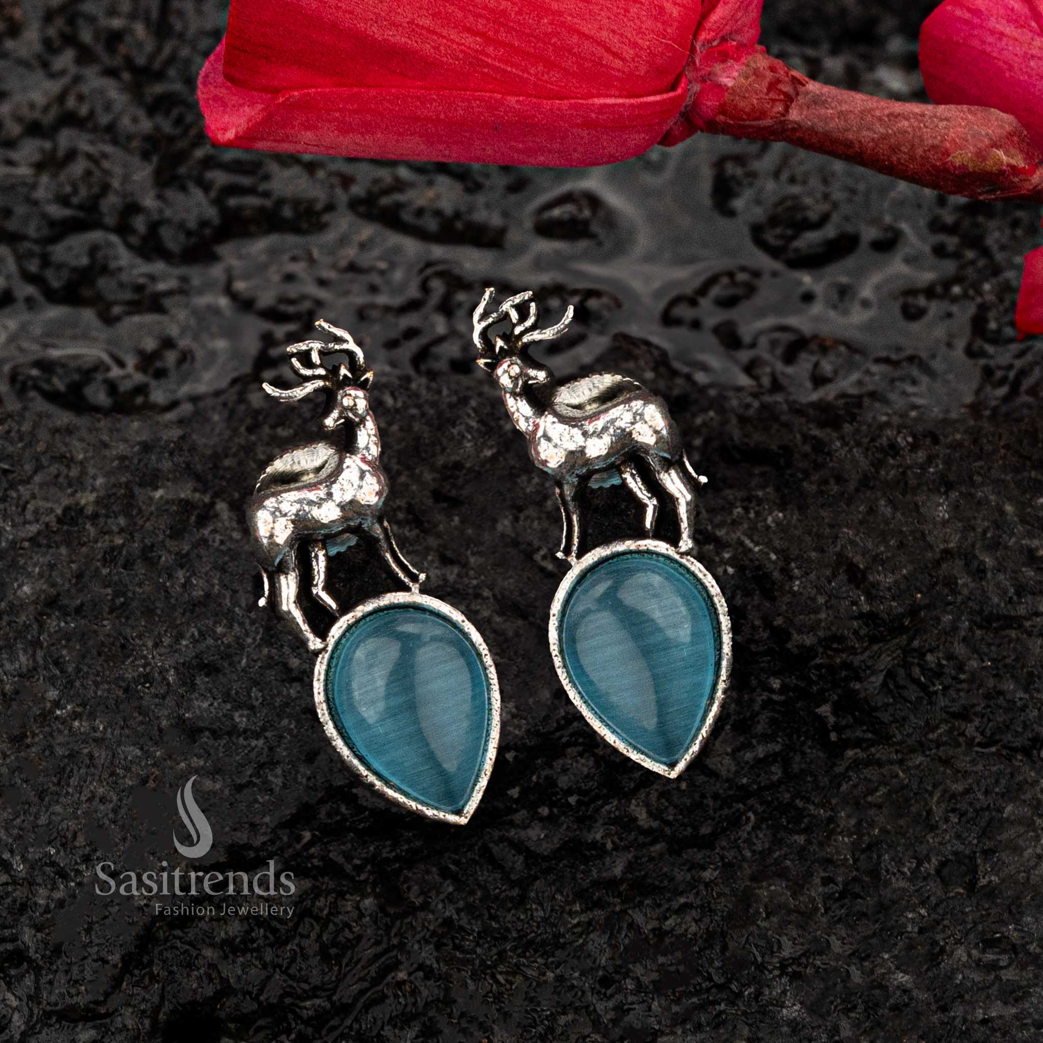 Sky Blue Monalisa stone oxidised silver earrings with deer - Sasitrends