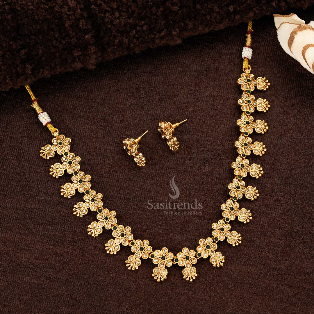 Elegant matte gold plated green floral motif necklace with earrings - Sasitrends