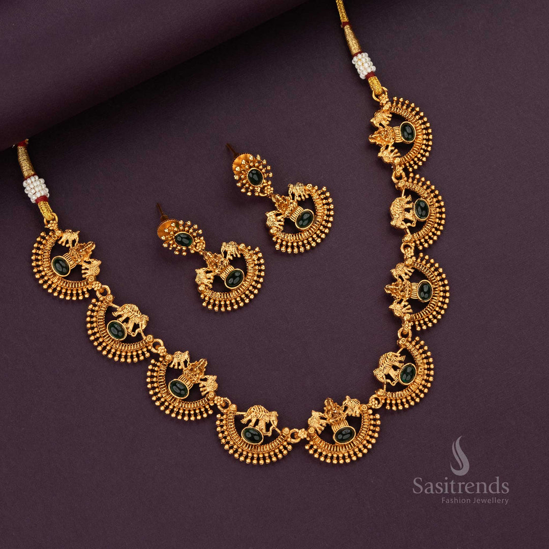 Green stone matte gold-plated necklace with intricate elephant motifs - Sasitrends