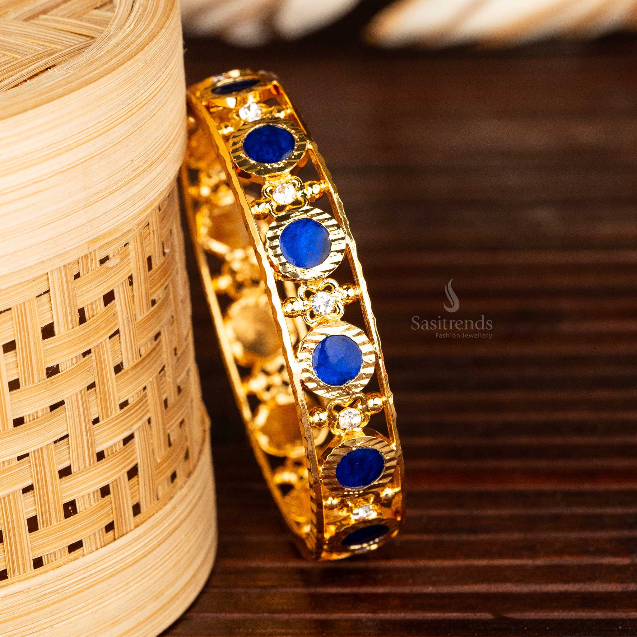 Blue-studded Palakka Kerala bangle with white stones and gold plating - Sasitrends