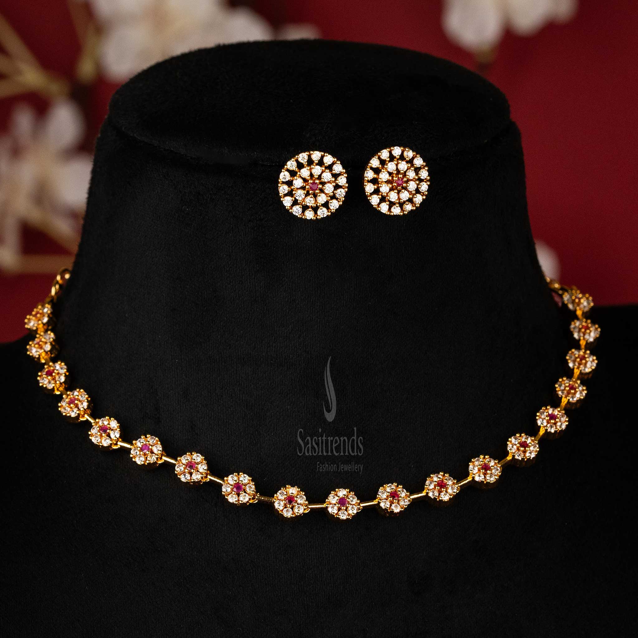 Elegant White-Ruby Floral Jewellery Set with American Diamond Accents