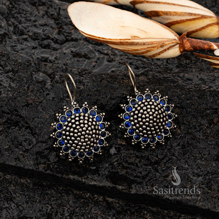 Close-up of oxidised silver earrings with Blue stones - Sasitrends